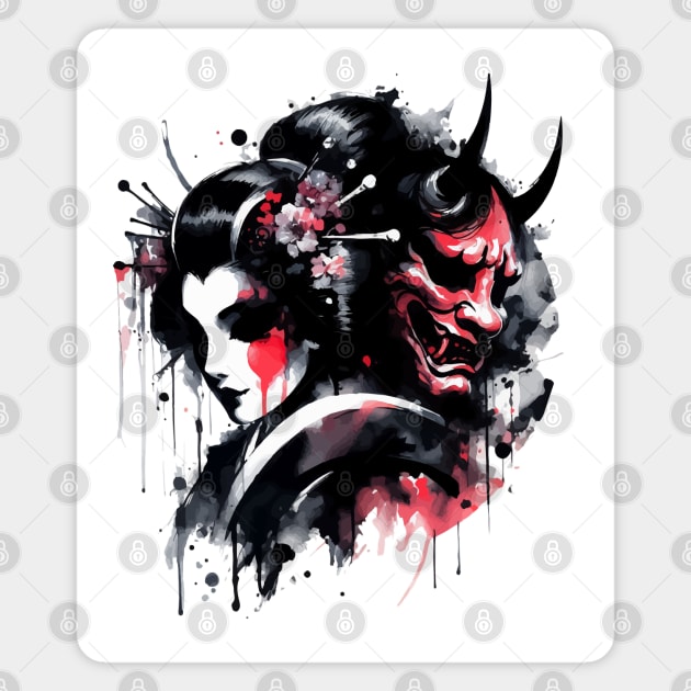 Sumie Japanese Brushstroke Oni Geisha Demon Magnet by TomFrontierArt